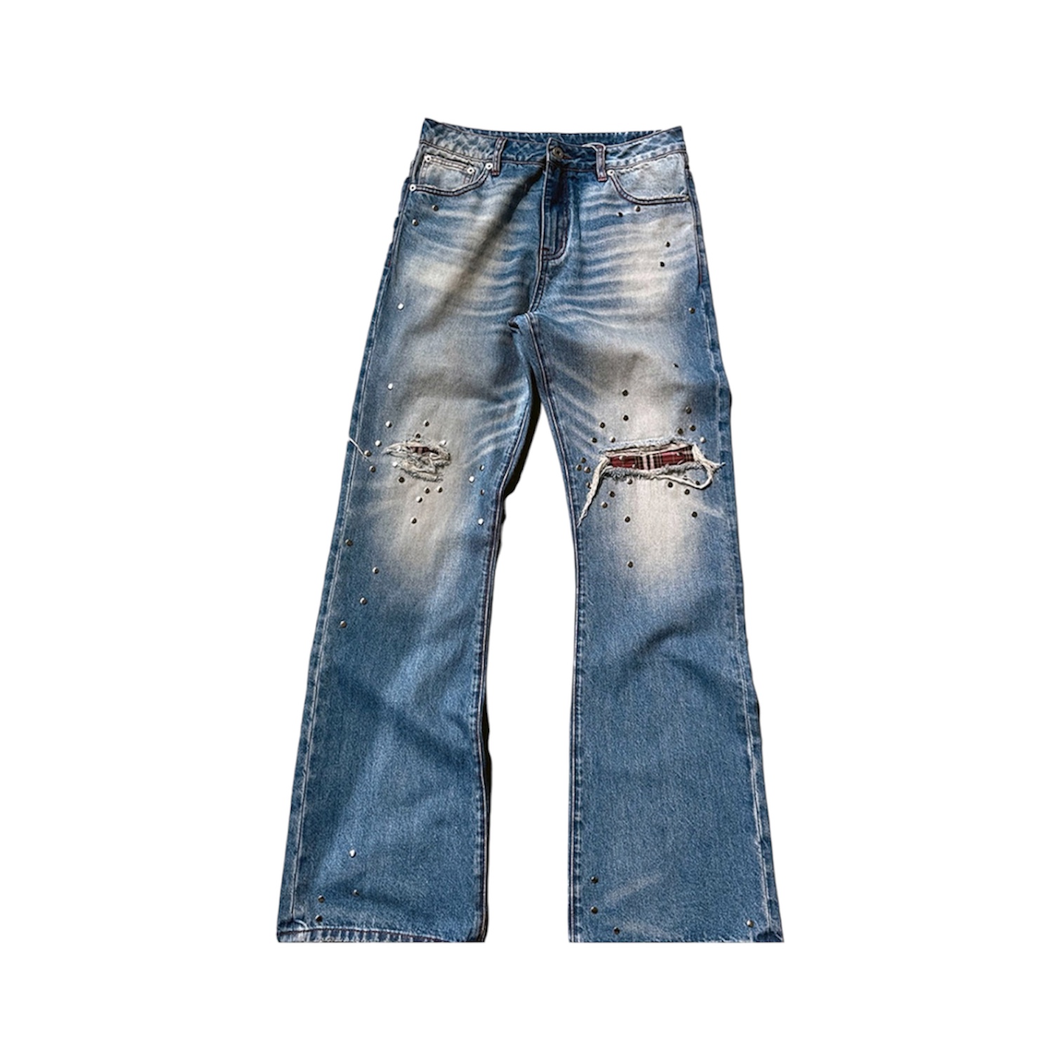 “Plaid Rivet Pull” Jeans — No E Mosen