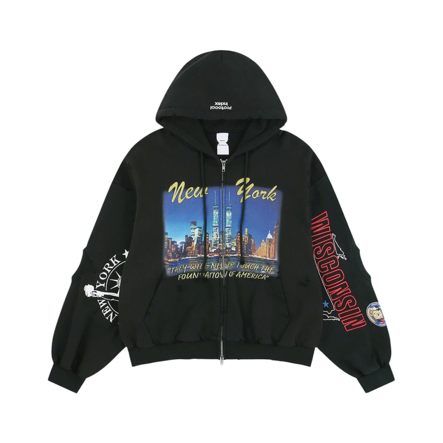 “Graphic-Print Distressed” Zip Hoodie — Protocol Index