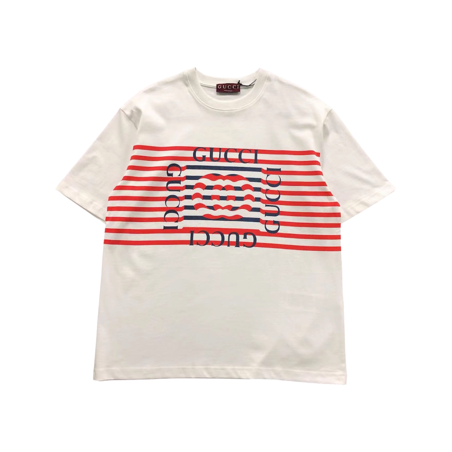 “Striped Linen-Blend Logo” Tee — Gucci