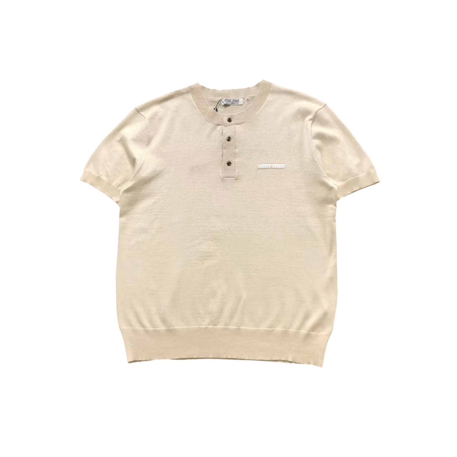 “Logo Embroidered Henley” Tee (White) — Miu Miu