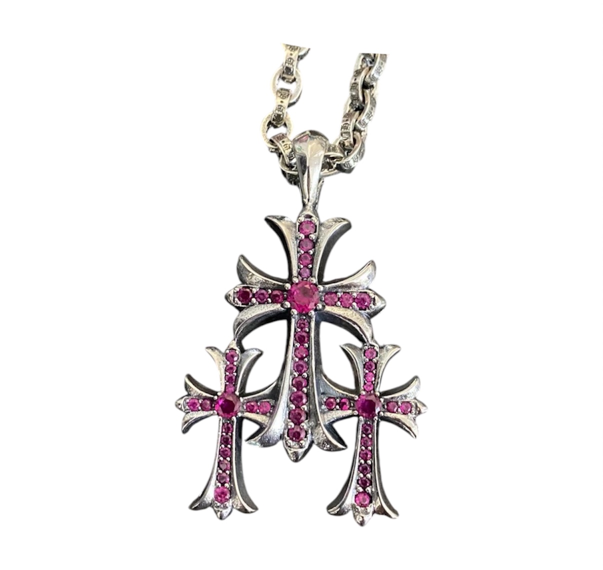 “Three Crosses” Necklace (Pink Ruby) — Chrome Hearts