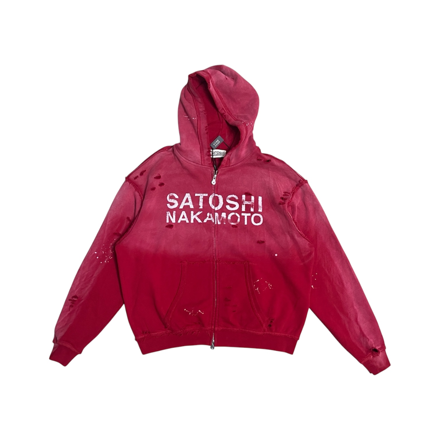 "Distressed & Paint Splatter Logo” Zip Hoodie (Red) — Satoshi Nakamoto