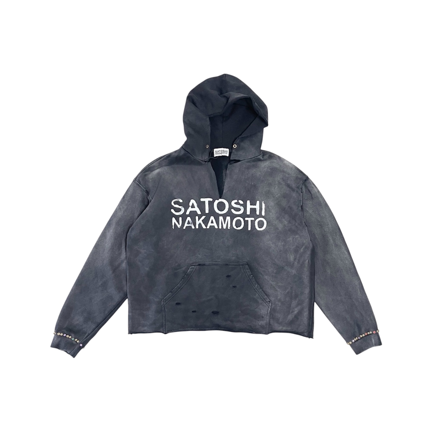 "V-Neck Studded Distressed" Hoodie (Grey) — Satoshi Nakamoto