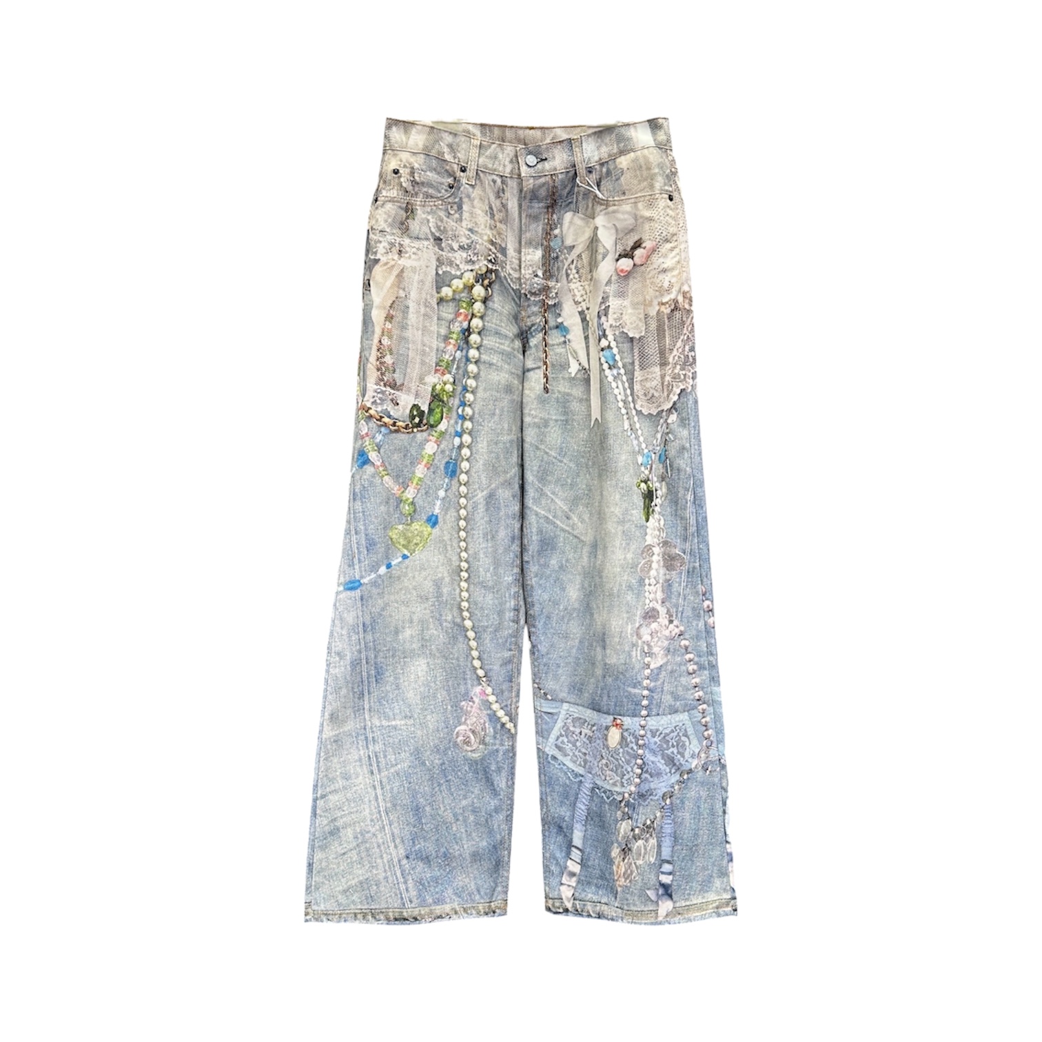 “1981M Loose Fit Trompe-l'œil Lace Pearls & Ribbons” Jeans — Acne Studios