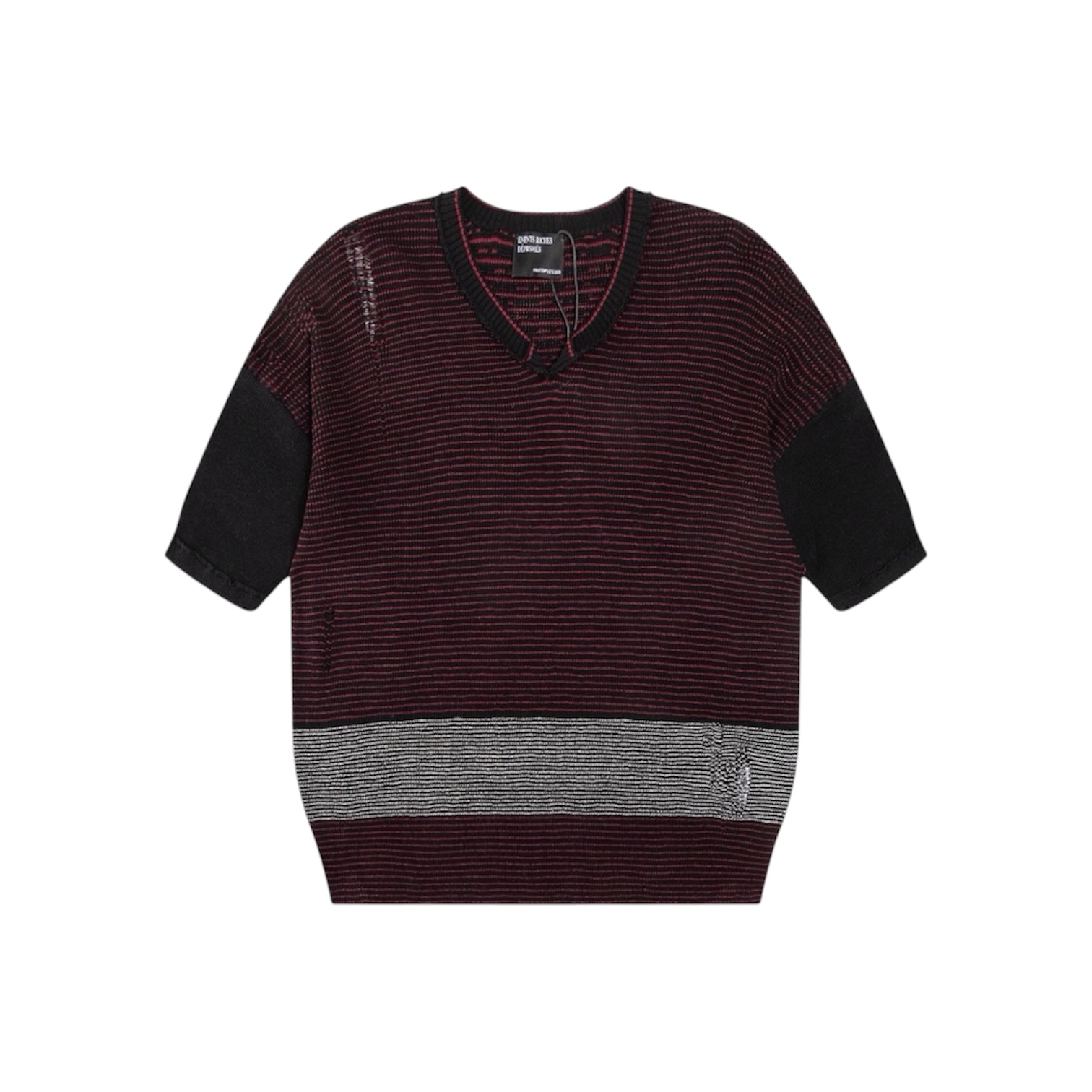 “Striped V-Neck Distressed Knit” Tee (Burgundy) — Enfants Riches Déprimés