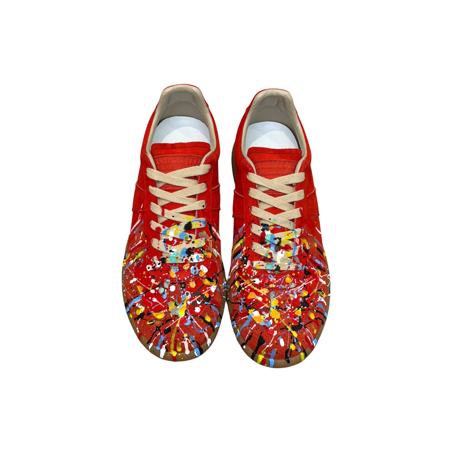 “Replica Low Paint Drop Suede” Sneakers (Red/Multicolor) — Maison Margiela