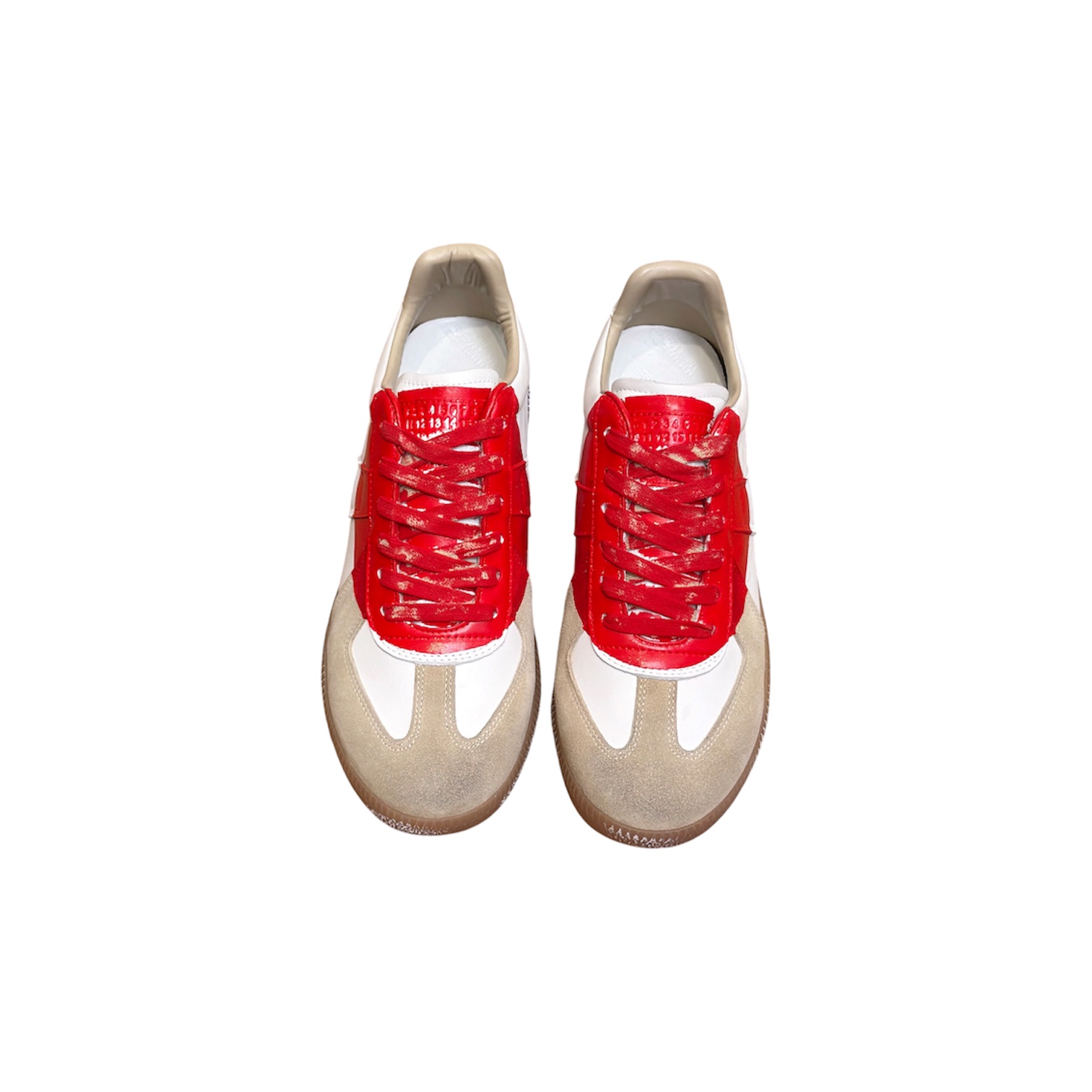 “Replica Low Circle Spray” Sneakers (White/Red) — Maison Margiela