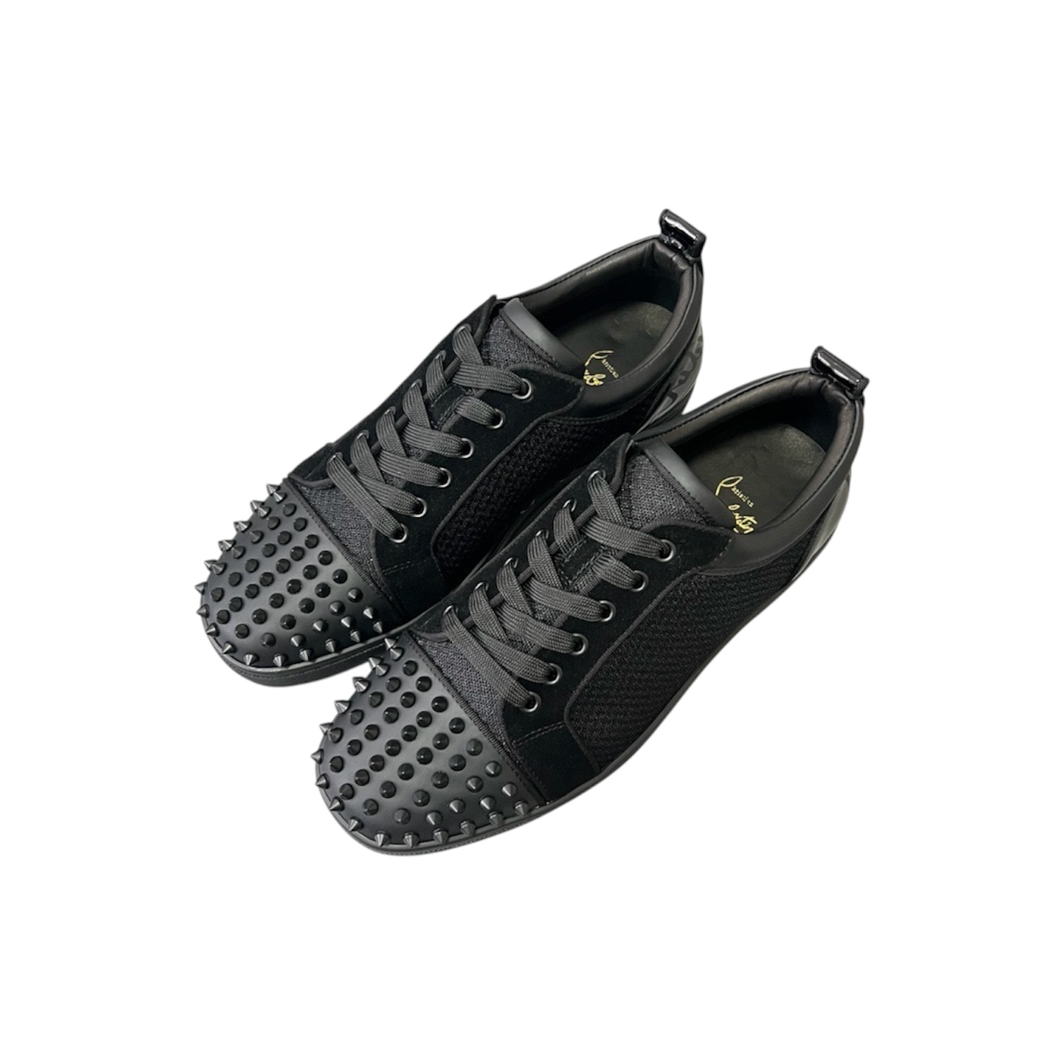 “Louis Junior Spikes Patent Heel” Sneakers (Triple Black) — Christian Louboutin