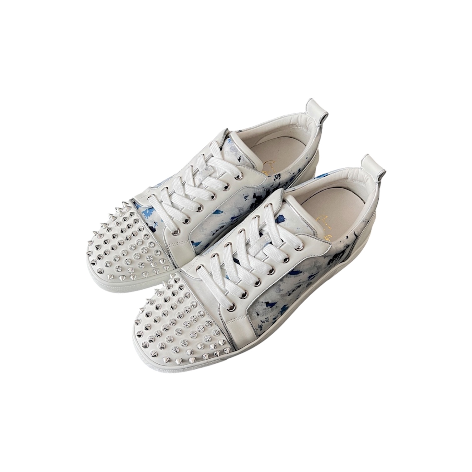 “Louis Junior Spikes” Sneakers (White/Blue) — Christian Louboutin