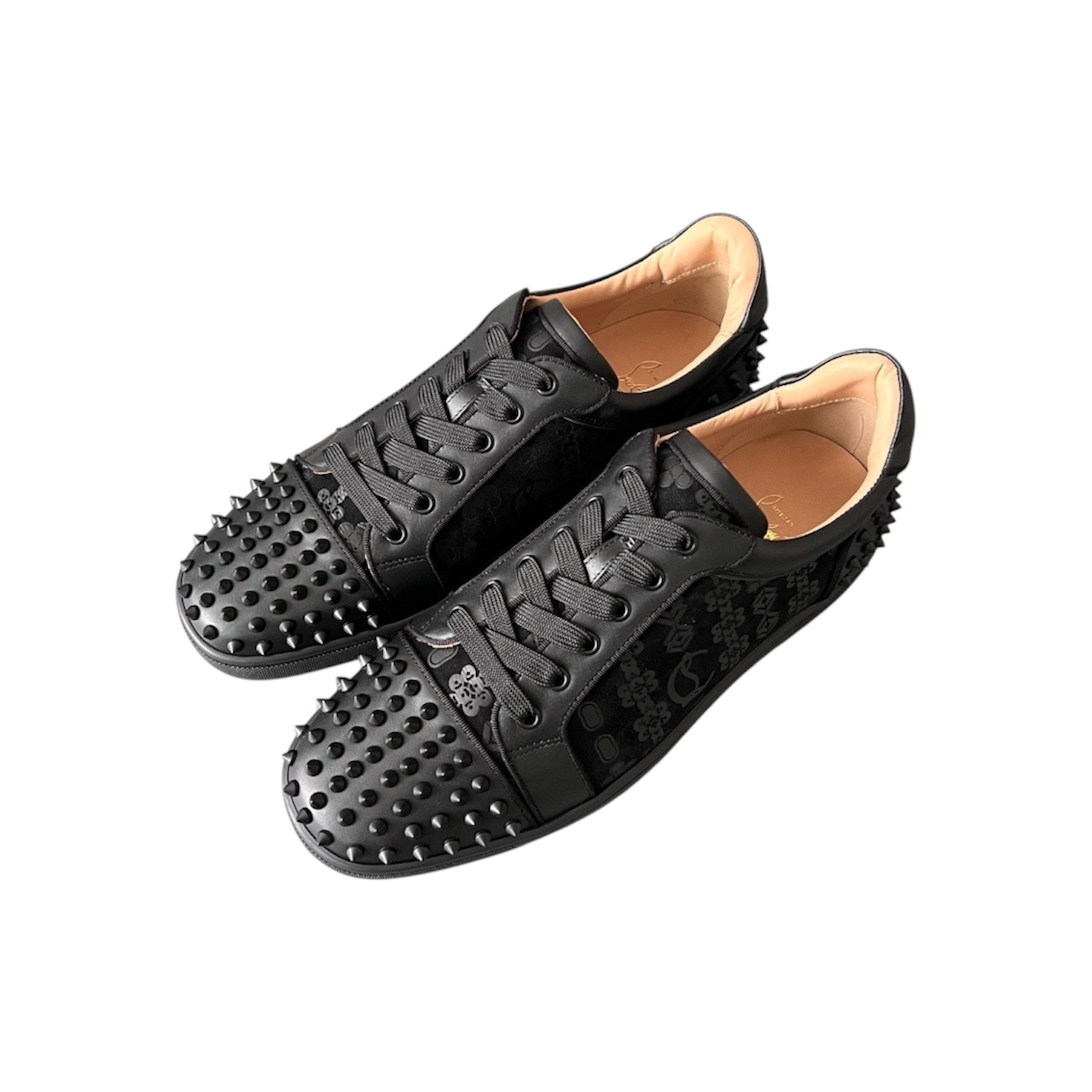 “Louis Junior Spikes Monogram” Sneakers (Black) — Christian Louboutin