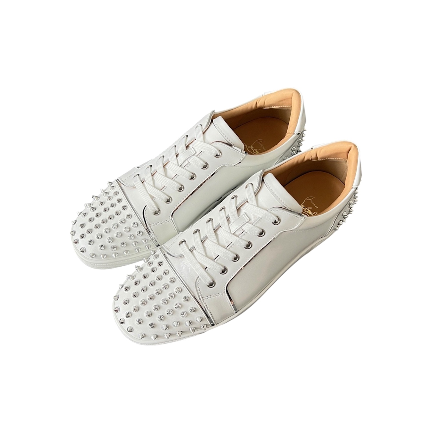 “Louis Junior Spikes” Sneakers (White/Silver) — Christian Louboutin