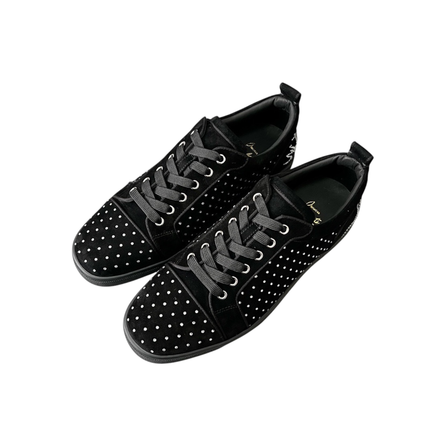 “Louis Junior Spikes” Sneakers (Black/Strass) — Christian Louboutin