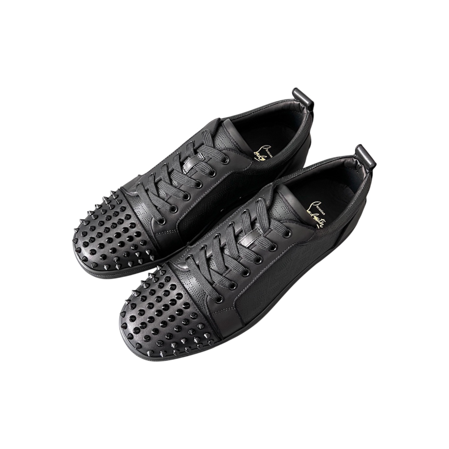 “Louis Junior Spikes Perforated Monogram” Sneakers (Black) — Christian Louboutin