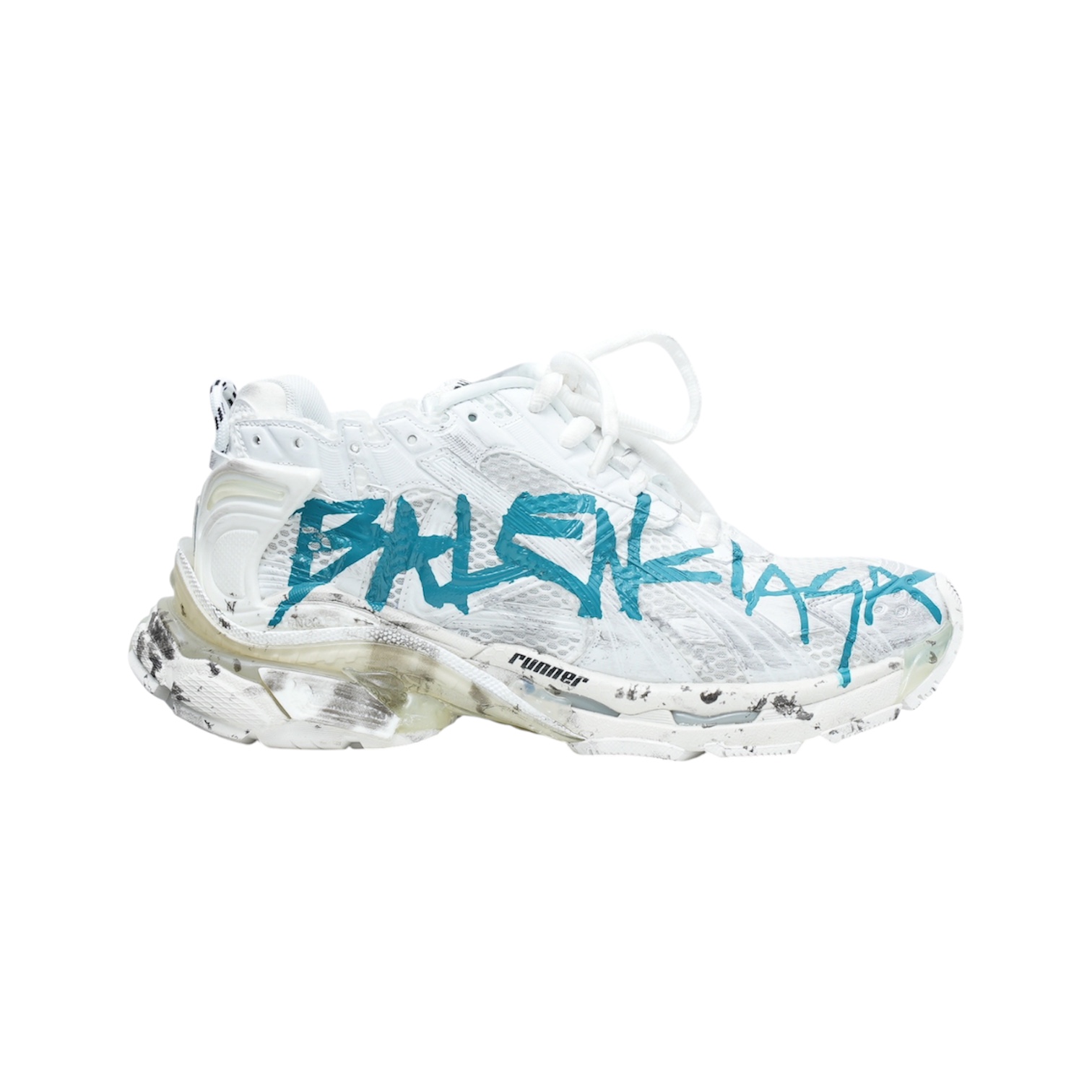 “Runner Graffiti 7.0” Sneakers (White/Blue) — Balenciaga
